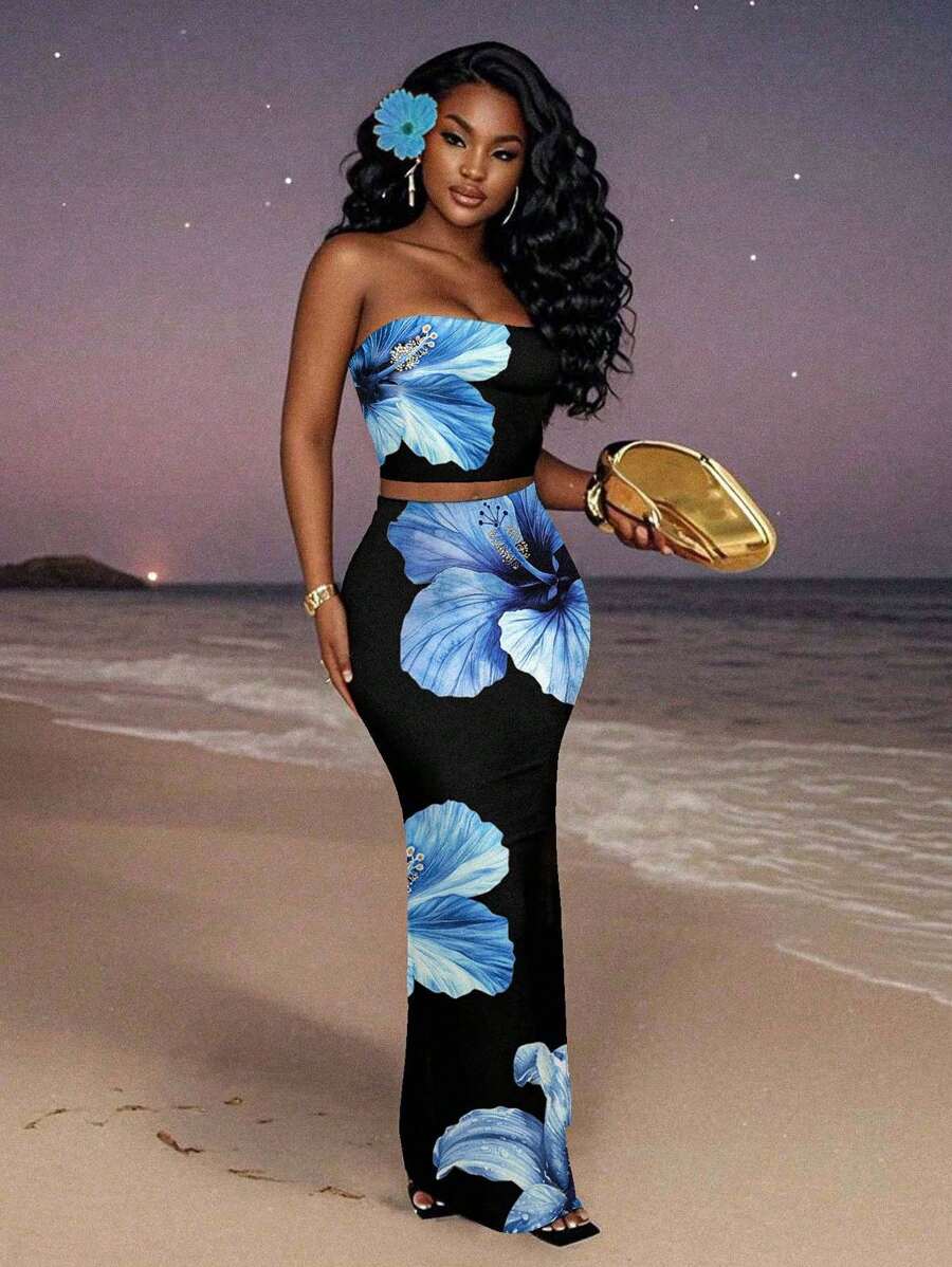 Slaydiva Bộ áo ống và chân váy họa tiết hoa tối giản giản dị mùa xuân/hè 2025, thích hợp cho kỳ nghỉ, tiệc tùng và nông thôn Bộ đồ bơi hai mảnh nhiệt đới Bộ đồ đi biển 2 món dành cho nữ Bộ đồ bơi hai mảnh họa tiết hoa thích hợp để đi chơi - Nhiều màu - Xem 1