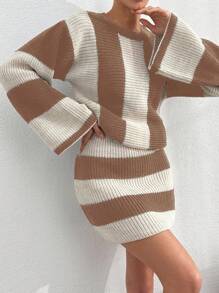 EURMUSE Women Striped Knit Design Oversize Sweater And Knit Skirt Set - Mocha Brown - View 2