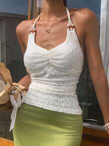 Serisse Top de tirantes ajustado con cuello de halter y pliegues bordados para mujer - Beis - Ver 4