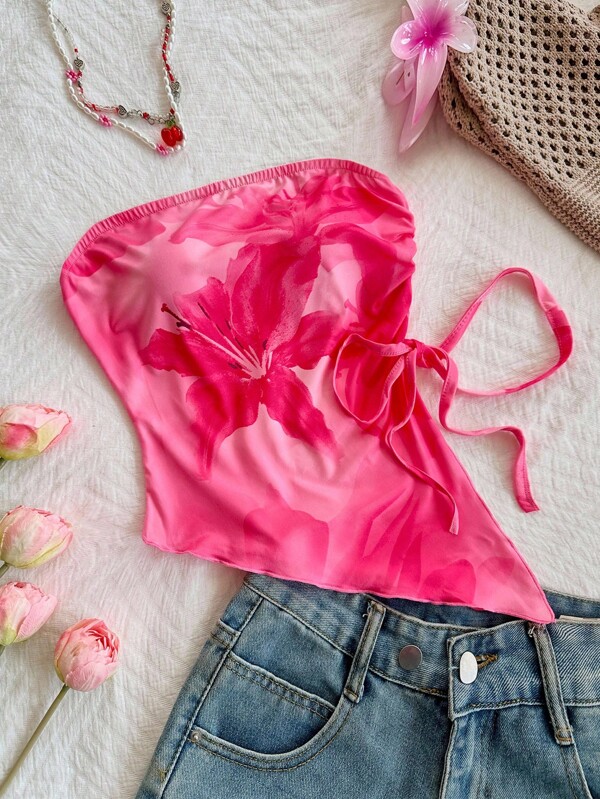SHEIN MOD Maieu cu bandă cu tiv asimetric cu model floral romantic, potrivit pentru vară