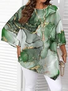 EMERY ROSE Casual Ink Marble Texture Pattern Round Neck Long Sleeve Plus Size Shirt, Suitable For Spring And Autumn And Winter,Teacher Shirts,Fall Clothes For Women Chic Blouses For Women