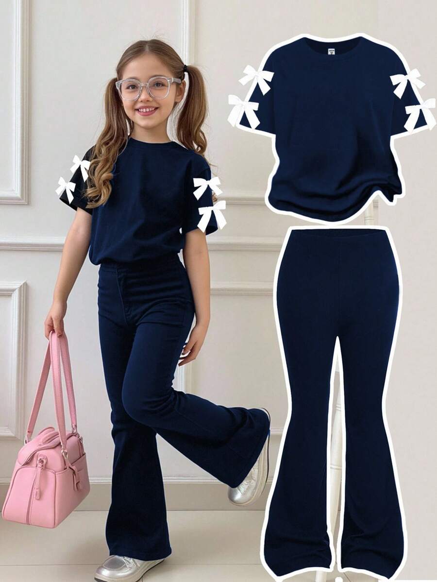 Set de 2 piezas de niña preadolescente: Camiseta de manga corta suelta con lazo decorativo y pantalones acampanados, versátil y casual, adecuado para el verano y el regreso a la escuela - Negro - Ver 1
