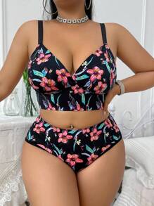 SHEIN 2件大码蕾丝拼接豹纹无钢圈文胸套装 - 彩色 - 查看 5