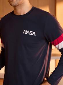 Bộ đồ ngủ họa tiết chữ tương phản dành cho nam/Bộ đồ ngủ, Quần áo mùa thu - Màu xanh hải quân - Xem 4