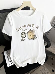 INAWLY 女式可爱肥猫印花圆领T恤 图案T恤 女式上衣