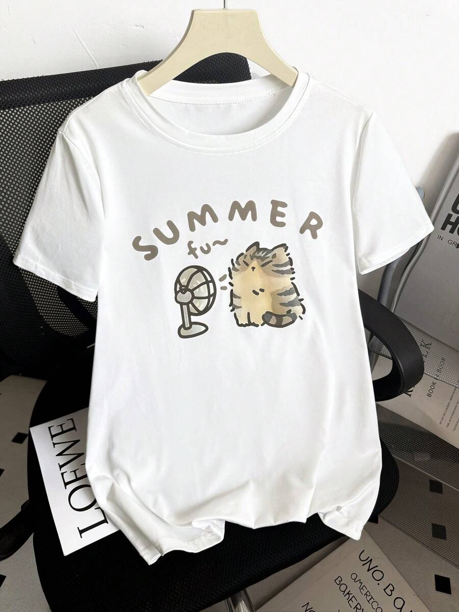 INAWLY 女式可爱肥猫印花圆领T恤 图案T恤 女式上衣