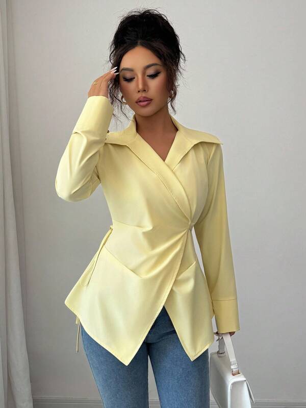 Elenzga Damen elegante Einfarbige Wickelbluse für den Büroalltag