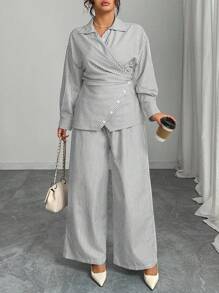 Modelyn Plus Size Woven Striped Long Sleeve Tie-Front 2 Pieces Set - Grey - View 6