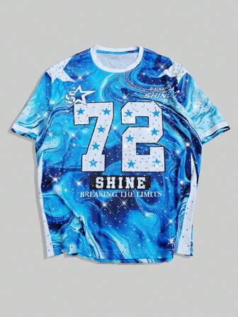 Prep Herren lässiges Sommer Batik T-Shirt mit Strass-Akzenten und Meshgewebe