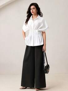 BizChic Women's Elegant White Waist-Cinched Batwing Sleeve Blouse, Suitable For Daily, Work, Dates, Commuting And Vacation, Spring/Summer - White - View 2