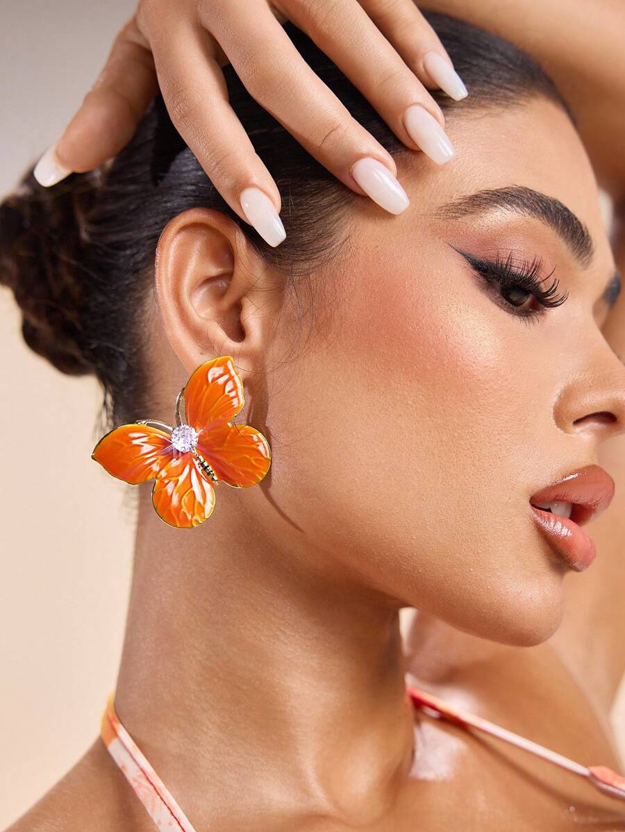 SHEIN SXY 垂坠锆石蝴蝶耳钉，适合日常佩戴 - 橘色 - 查看 1