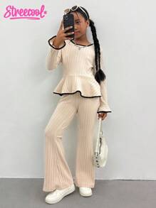 Tween Girl Contrast Trim Bell Sleeve T-Shirt And Flared Pants Set Fall Winter - Beige - View 4