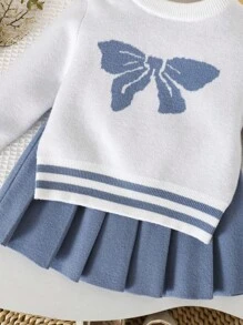 SHEIN Crew Neck Langarm Set Kleid, Schleifen Dekor gestreifte Manschette, lebendiger Rock Stil