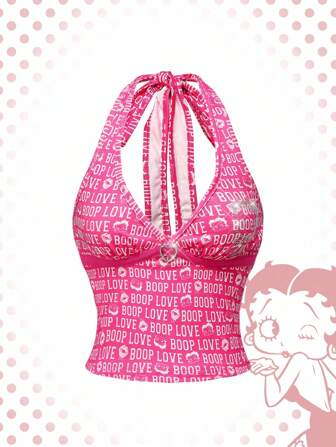 Betty Boop | ROMWE Top sin espalda con gráfico de letra y atar en el cuello para mujer
