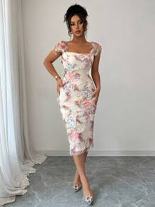 Elenzga Women's Elegant Romantic Mesh Floral Print Ruched Waist Mid-Length Dress, Suitable For Wedding, Party, Date, Shopping And Other Occasions, Spring/Summer