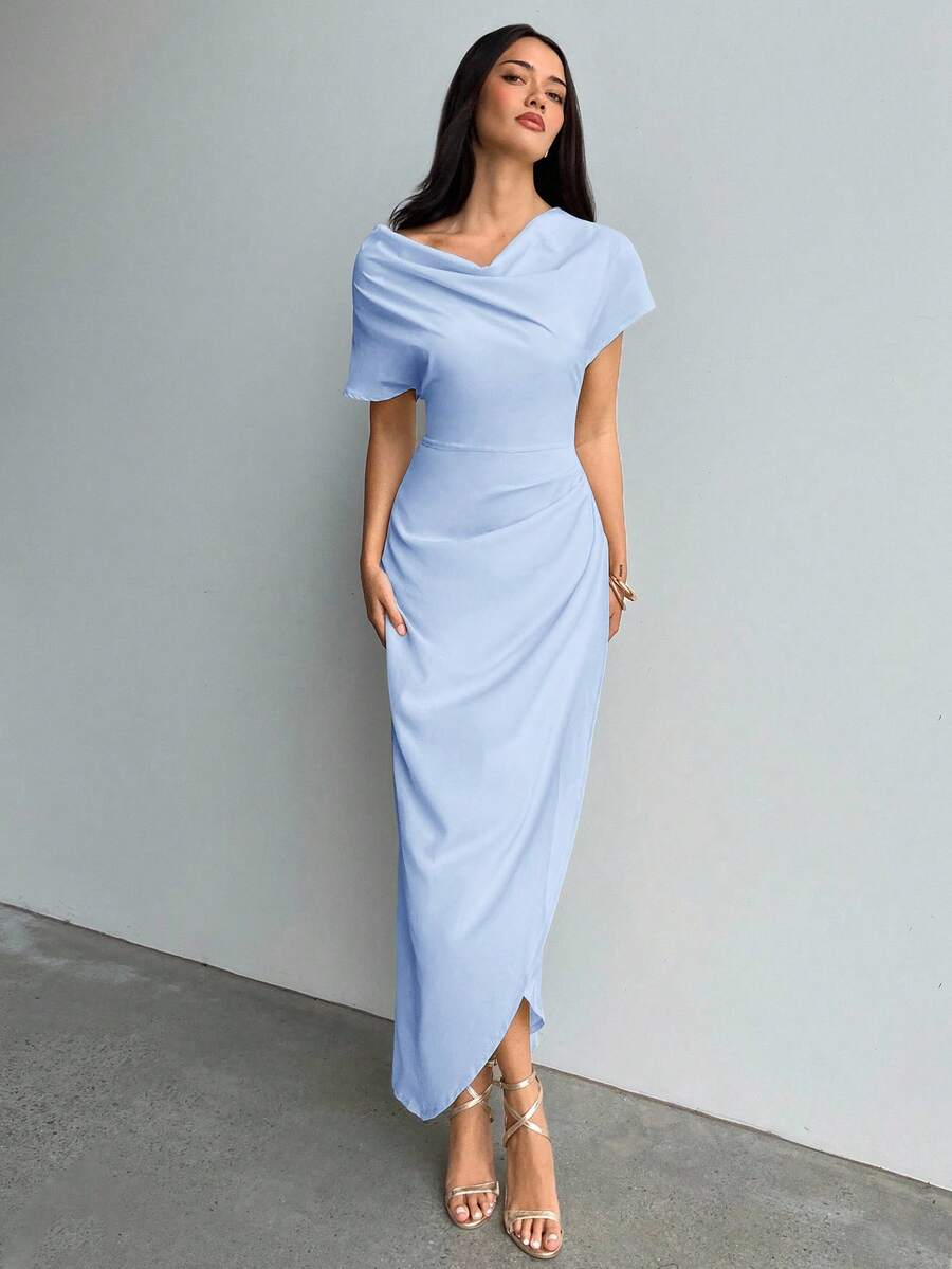 Aloruh Women's Long Wrap Dress With Ruched Collar Design, Suitable For Commute, Daily Wear, Spring/Summer - Blue - View 1