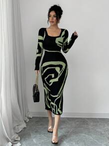 Elenzga Women's Color Block Fitted Waist Flare Sleeve Dress Fall Winter Cloth For Women - Green - View 4