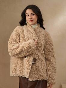 DAZY 拼接PU翻领超大蓬松外套，厚实保暖，女士秋冬大衣 - 杏色 - 查看 3