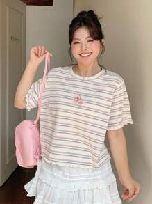 Dazy Plus Cherry Embroidery Striped Crew Neck Fitted Summer T-Shirt