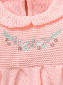 SHEIN Bộ trang phục sơ sinh 3 món cho bé gái: Bộ đồ liền thân thêu màu hồng, chăn đan, mũ - Màu Hồng baby - Xem 4