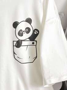 INAWLY Camiseta gráfica de mujer con estampado de panda de dibujos animados y hombros caídos de talla grande - Blanco - Ver 5
