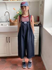 Hapijoa 2 件套 Tween Girl 女童条纹圆领短袖 T 恤 + 牛仔背带裤/连体裤套装，秋季 - 彩色 - 查看 3