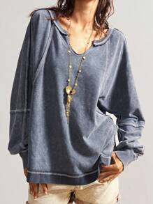 Bohemela Women's Casual Solid Color V-Neck Long Sleeve Loose Washed T-Shirt Travel Slate Blue Autumn - Grey - View 2