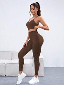 SHEIN Sports 无缝高弹力女士运动瑜伽套装 - 咖啡棕 - 查看 2