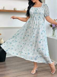 Modelyn Women's Mint Blue Floral Print Elegant Romantic Square Neck Lantern Sleeve Plus Size Dress - Multicolor - View 3