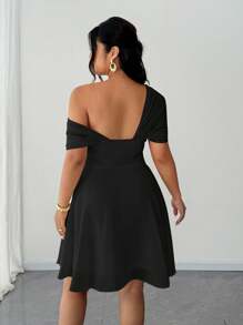 Elenzga 加大码女式优雅浪漫婚礼宾客礼服，雪纺单肩飘逸长裙，适合派对 - 黑色 - 查看 2