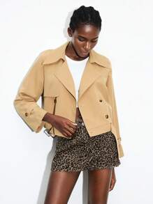 Maija 女式卡其色风衣，四季百搭，现代都市时尚必备，落肩长袖，大翻领，腰带装饰，商务休闲办公装，低调优雅，都市通勤，杂志编辑同款，都市社交聚会派对，魅力女士夹克短款夹克短款西装外套女士夏季女士短款夹克女士机场服装斯德哥尔摩街头风格，秋冬精致简约清凉 - 卡其色 - 查看 6