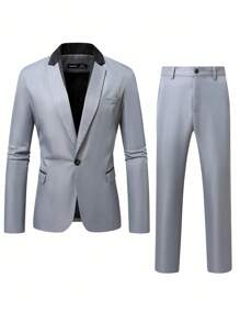 Manfinity Mode 男士双色翻领长袖西装外套和裤子休闲套装 - 灰色 - 查看 8