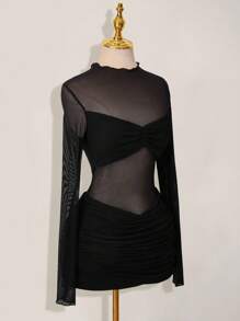 SHEIN ICON Mesh Patchwork Sheer Ruched Long Sleeve Mini Dress Black Sheer Dress - Black - View 6