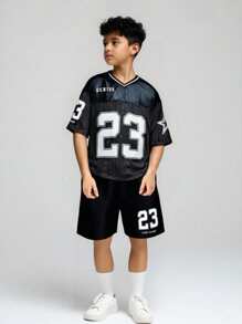 SHEIN 2pcs Kids Tween Boy Casual School Print Pattern Crew Neck Loose Fit Short Sleeve T-Shirts - Multicolor - View 1