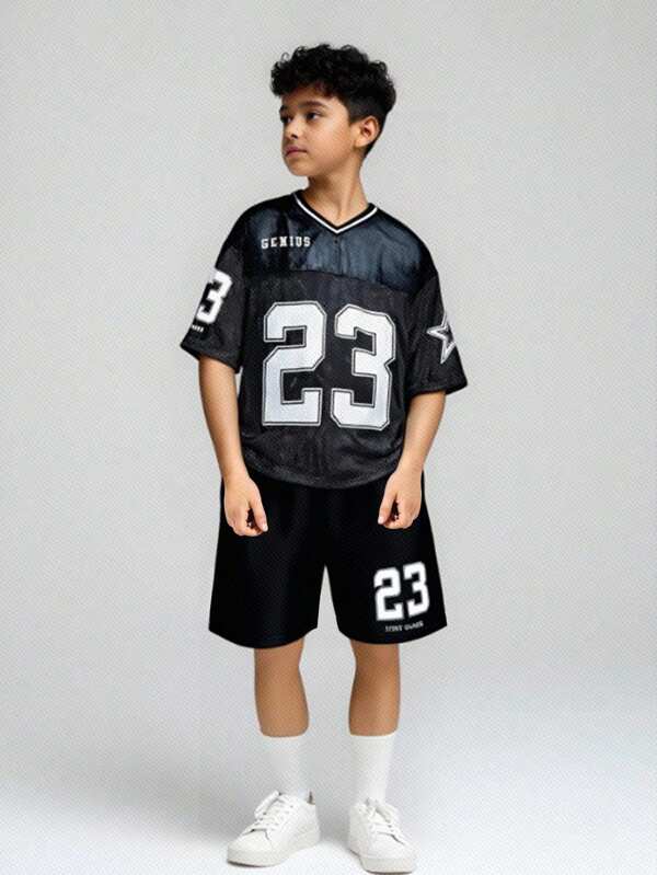 SHEIN 2pcs Kids Tween Boy Casual School Print Pattern Crew Neck Loose Fit Short Sleeve T-Shirts