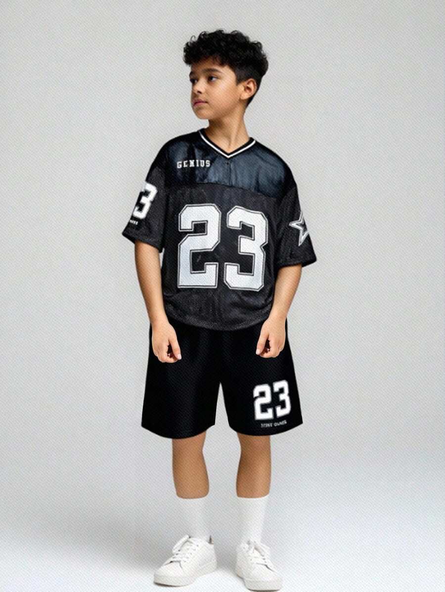 SHEIN 2pcs Kids Tween Boy Casual School Print Pattern Crew Neck Loose Fit Short Sleeve T-Shirts - Multicolor - View 1