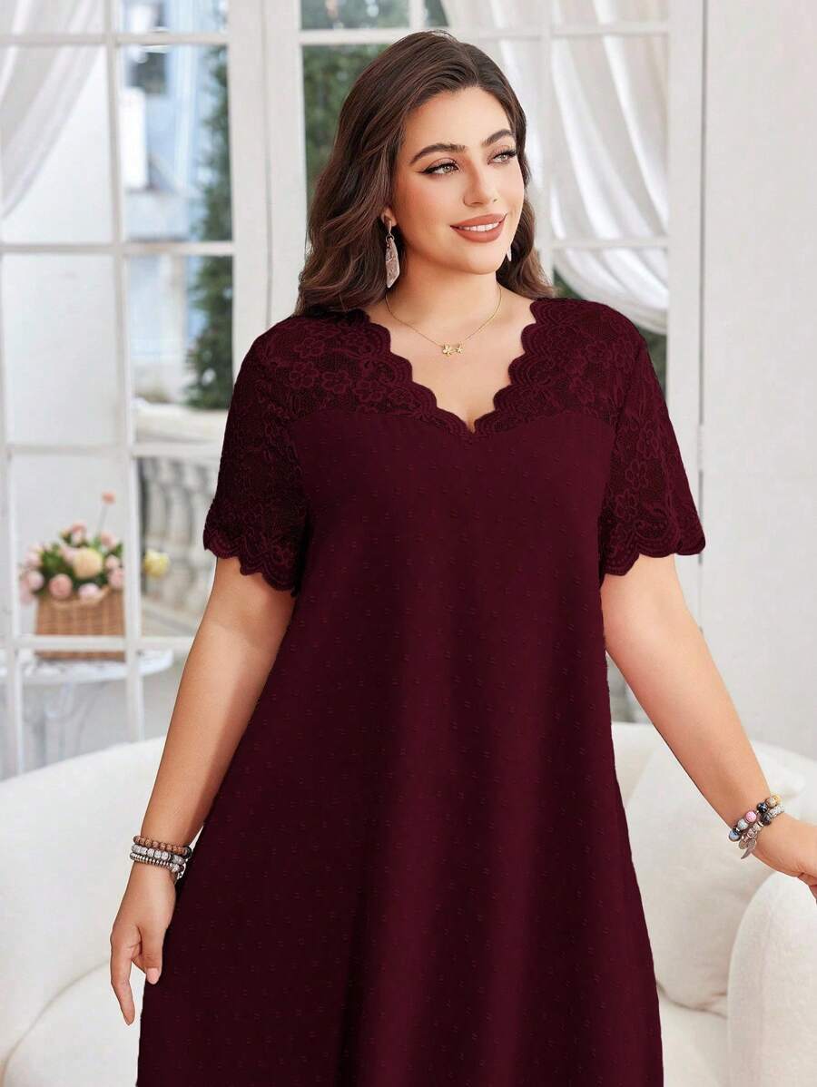 Lacomfia 女式 V 领短袖蕾丝拼布纹理提花面料优雅休闲大码连衣裙，夏季 - 紅色 - 查看 1