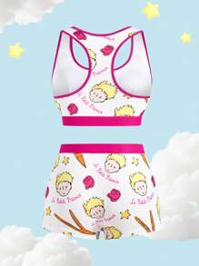 LE PETIT PRINCE X SHEIN 女士舒适撞色边卡通图案文胸和内裤套装 - 玫紅色 - 查看 2