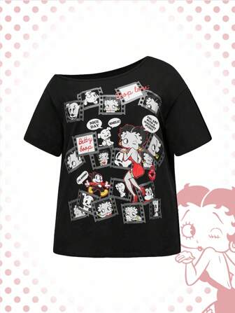 Betty Boop | ROMWE Plus Size Summer Casual Cartoon Pattern Asymmetrical Shoulder Short Sleeve T-Shirt