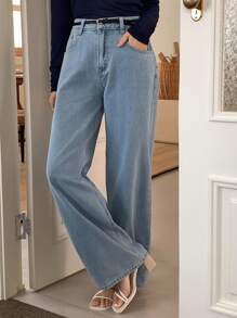 DAZY 浅色水洗蓝色直筒休闲牛仔裤，适合所有季节 - 淺色水洗藍 - 查看 5