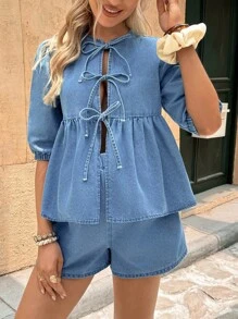 SHEIN 孕妇度假休闲系带上衣和牛仔短裤套装 - 藍色 - 查看 3
