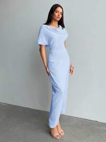 Aloruh Women's Long Wrap Dress With Ruched Collar Design, Suitable For Commute, Daily Wear, Spring/Summer - Blue - View 5