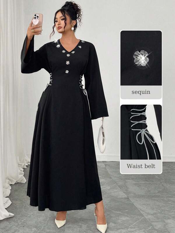 Al Najma Plus Size Women's Knitted Black Floral Side Tie Bodycon Long Sleeve Arabic Dress
