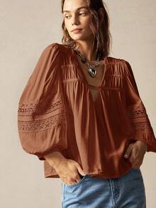 Bohemela 女士休闲纯色V领3/4袖宽松衬衫 - 鏽棕色 - 查看 6