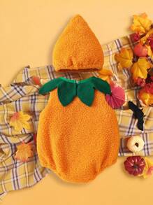 SHEIN 3 件套新生儿南瓜图案毛绒无袖连体衣，带帽子和围兜，可爱万圣节服装