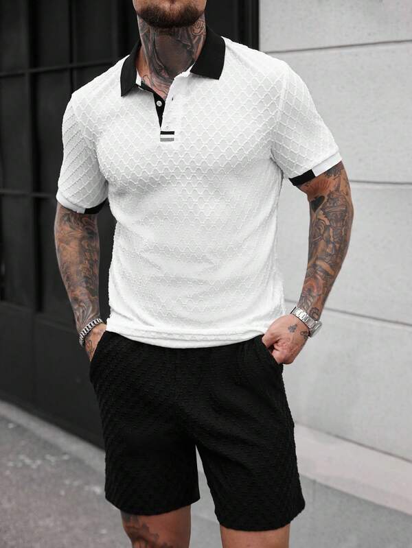 Manfinity CasualCool Conjunto de camiseta polo texturizada con forma de rombo de moda de verano, nueva llegada, adecuada para uso casual, hogar, ting, gran regalo para novio o esposo. Conjunto polo negro y blanco tecturizado para hombre, conjunto de camisa polo para hombres, artículo versátil talla grande vendido en el sistema Ins