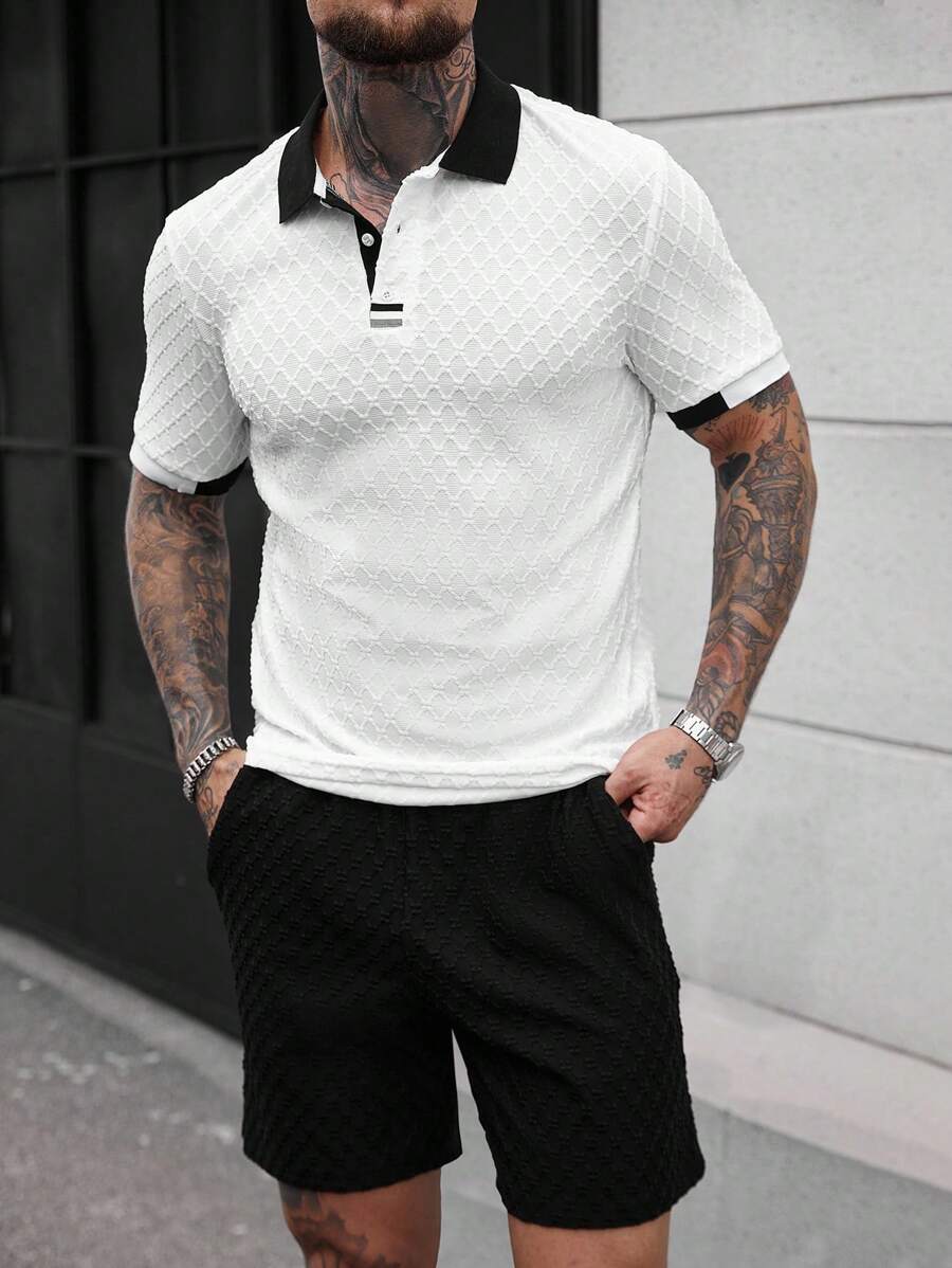 Manfinity Homme 夏季时尚菱形纹理 Polo 衫套装,新品上市,适合休闲、居家、通勤,是送给男朋友或丈夫的绝佳礼物。男士黑白纹理 Polo 衫套装,男士 Polo 衫套装,畅销男士短裤套装,男士两件套服装,男士高尔夫衬衫,男士纯色 Polo 衫和短裤套装,休闲简约,适合日常穿着,男士两件套休闲两件套休闲套装休闲加大两件套服装 - 彩色 - 查看 1