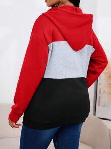 Women's New Contrast Color Patchwork Hooded Single-Breasted Drawstring Pullover Casual Sports Fitted Curve-Flattering Long Sleeve Half-Zip Sweatshirt With Pockets, Fleece Lined - Multicolor - View 2