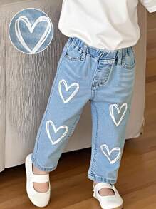 SHEIN 女婴牛仔裤，可爱休闲浅蓝色水洗白色心形印花弹力修身日常休闲女童牛仔裤，新款心形印花女童牛仔裤 - 淺色水洗藍 - 查看 1