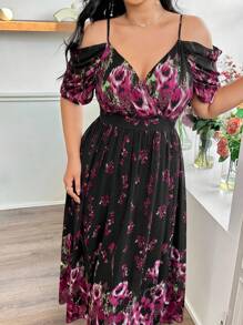 Modelyn Plus Size Women's Floral Print Chiffon Off-Shoulder Belted Maxi Dress - Black - View 7